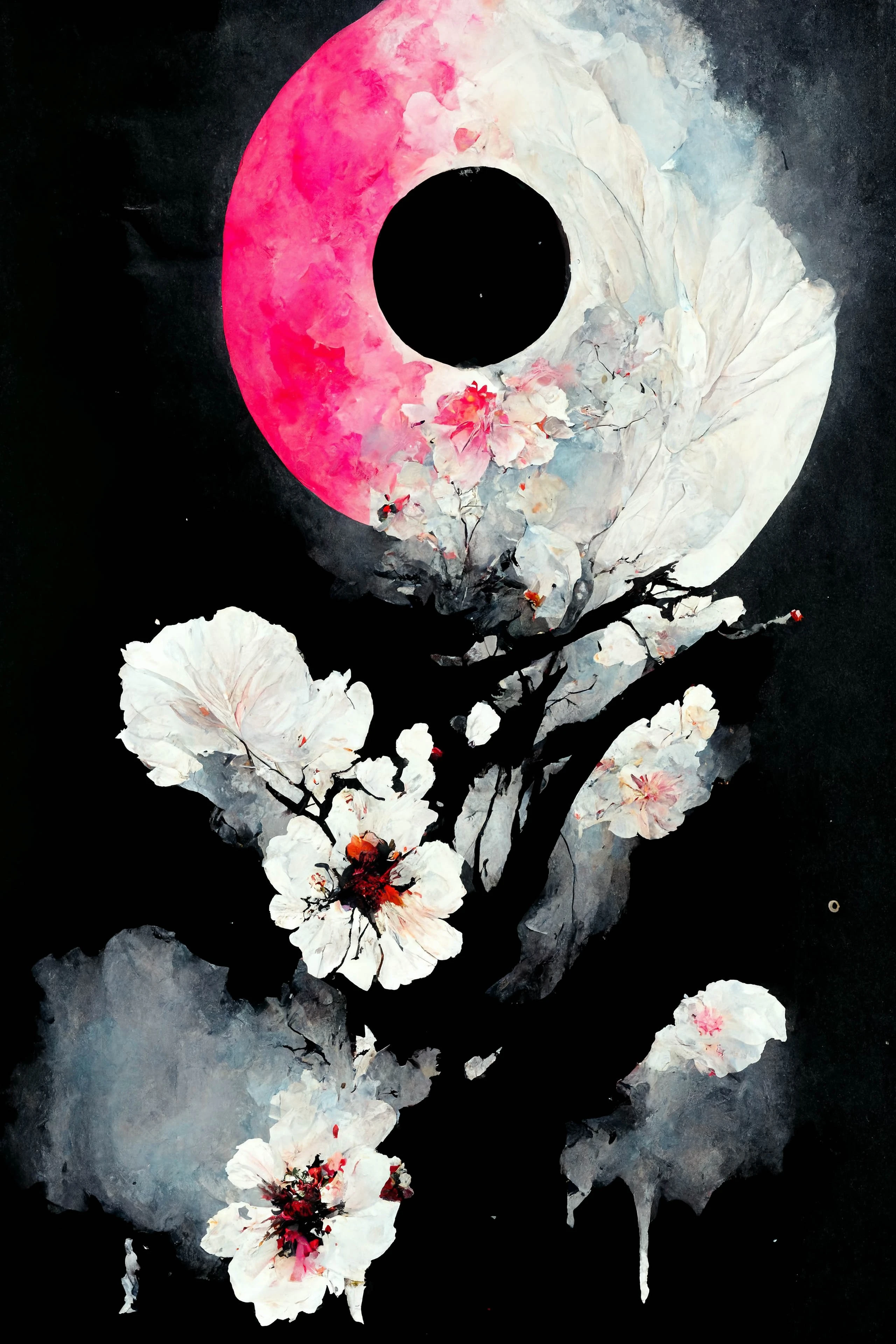 [Midjourney] 桜 狂った 抽象画 悲しい 月 [リアル・写真・実写]
