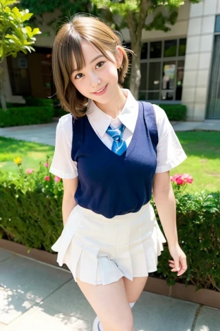 [Stable Diffusion] ショートヘア カールヘア ダンス・踊り 笑う 美少女 制服・学生服 花畑 [リアル・写真・実写]