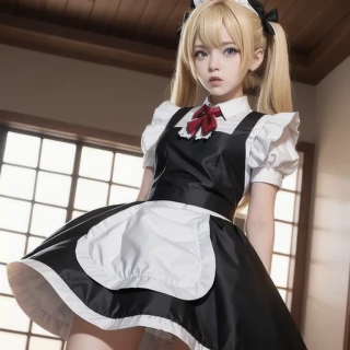 [Stable Diffusion] ツインテール 下から 美少女 怒り 傑作 メイド服 メイドエプロン 険しい顔 [リアル・写真・実写]