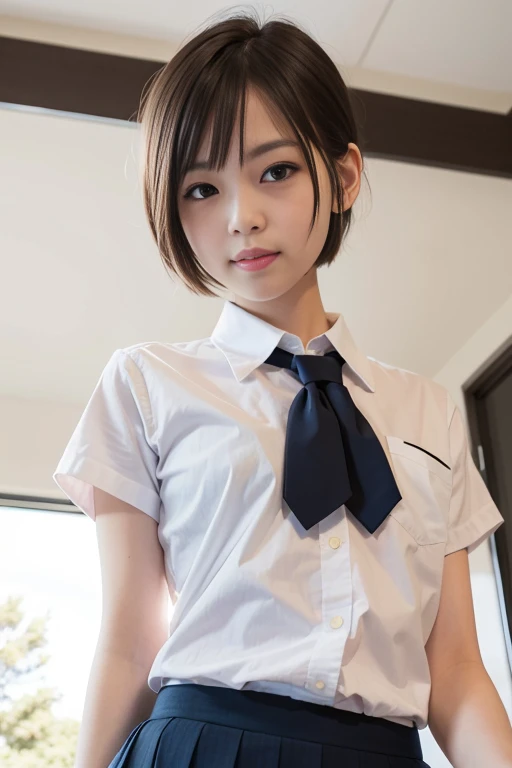 [Stable Diffusion] ショートヘア 下から 美少女 制服・学生服 かっこいい クール にやにや [リアル・写真・実写]