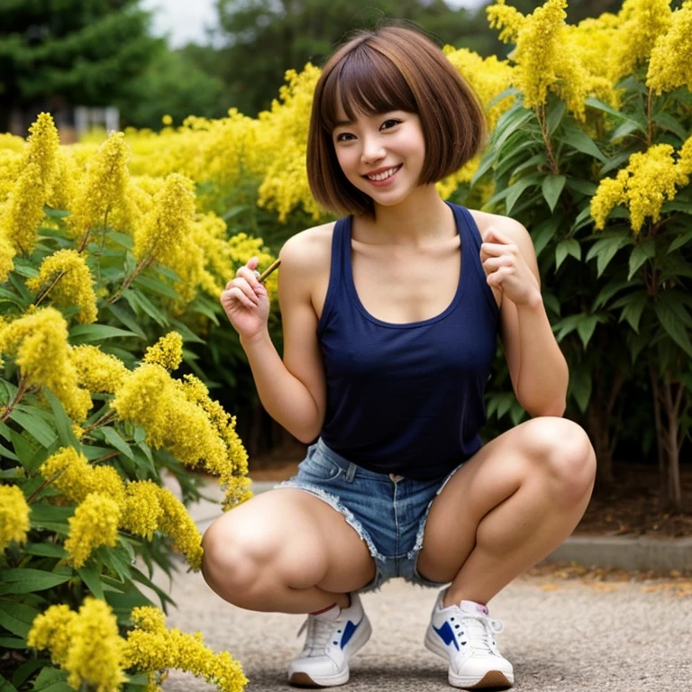 [Stable Diffusion] しゃがむ ショートヘア 笑う 美少女 可愛い顔 [リアル・写真・実写]