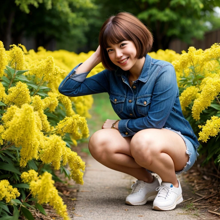 [Stable Diffusion] しゃがむ ショートヘア 笑う 美少女 可愛い顔 [リアル・写真・実写]