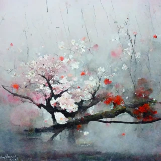 油絵, 桜, 日本人, 抽象画, 雨