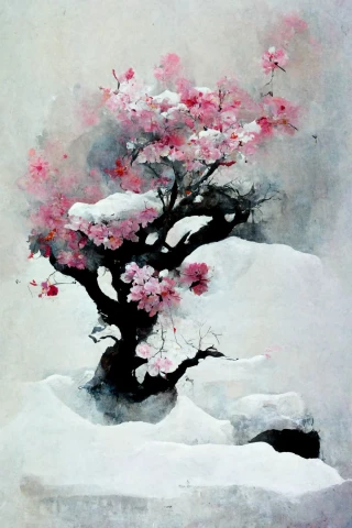 桜, 日本人, 盆栽, 狂気, 抽象画, 雪