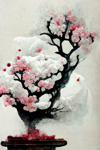 桜, 日本人, 盆栽, 狂気, 抽象画, 雪
